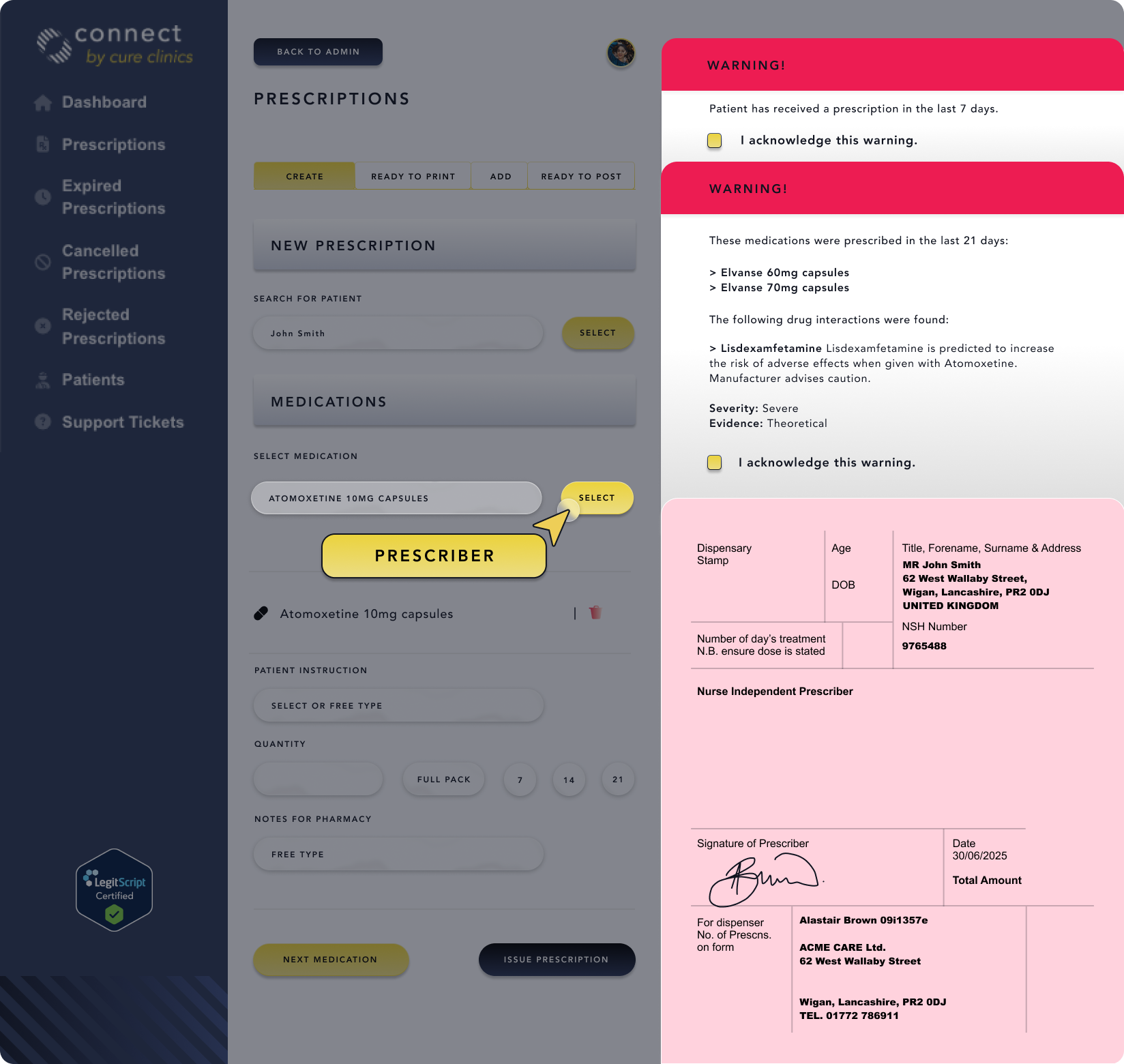 Custom prescribing and fulfilment platform for Cure clinics